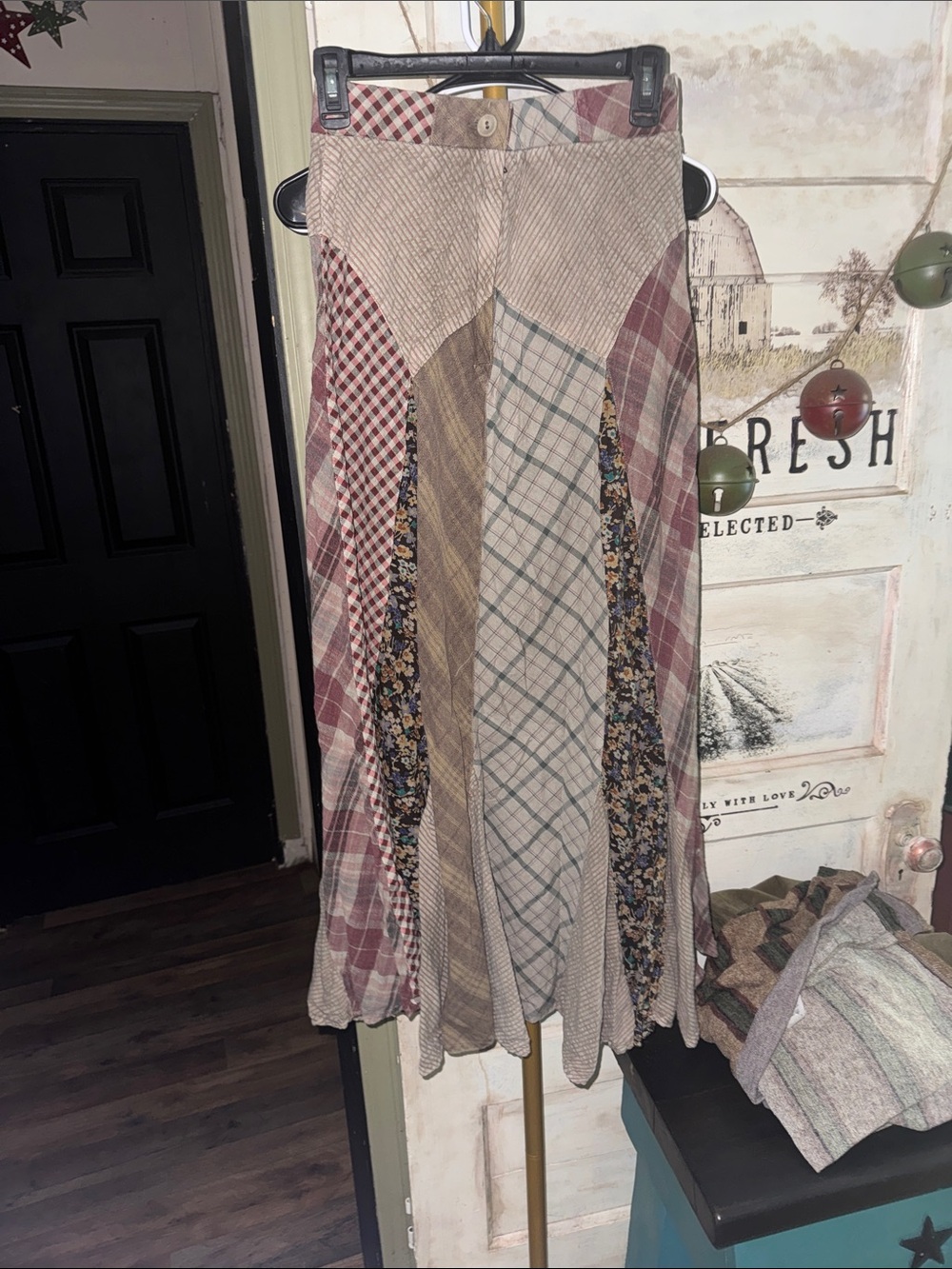 Vintage-Inspired Patchwork Maxi Skirt in Beige and Burgundy